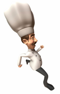 A cartoon chef gracefully running on a white background.