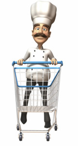 A cartoon chef in a shopping cart preparing dishes.
