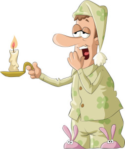 A cartoon man in pajamas holding a candle looking for apartments for rent in Katy.