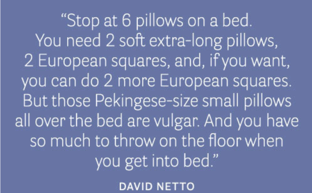 Stop 6 pillows on a bed you need 2 extra long pillows for a comfortable sleep.