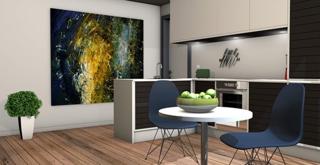 A 3D rendering of a kitchen with a painting on the wall in Katy.
