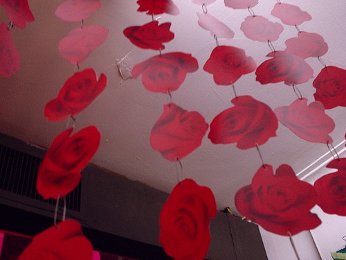 Red roses hanging from the ceiling in a room available for rent in Katy.