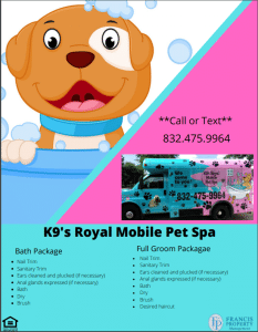 K's royal mobile pet spa offers luxury grooming services for pets, conveniently brought right to your doorstep. Perfect for busy pet owners in need of professional grooming and pampering for their beloved furry friends