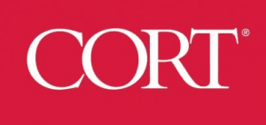 The cort logo on a red background at The Lakes at Cinco Ranch Apartments.