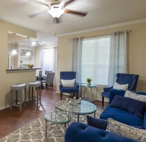 A Katy Texas apartment with blue couches and a ceiling fan.