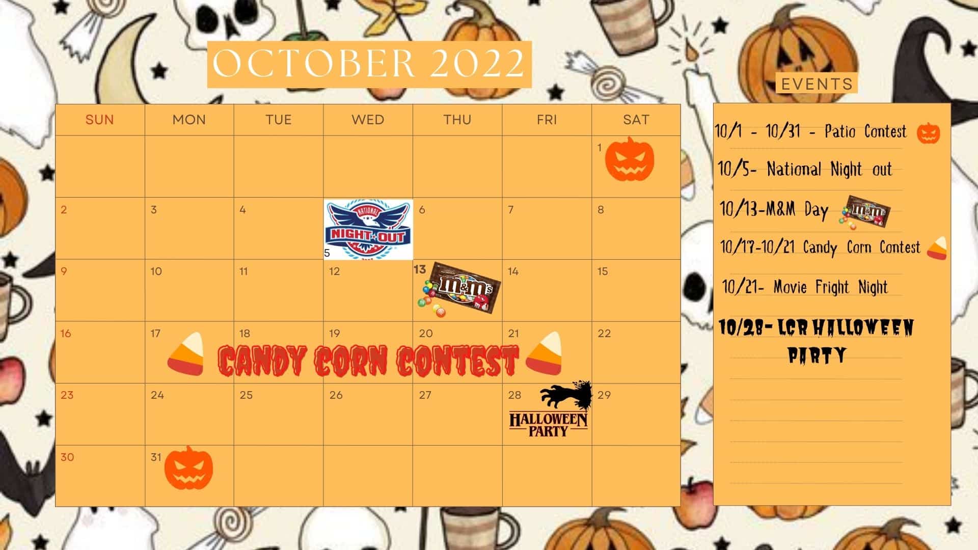 Candy corn contest calendar featuring Katy, TX.